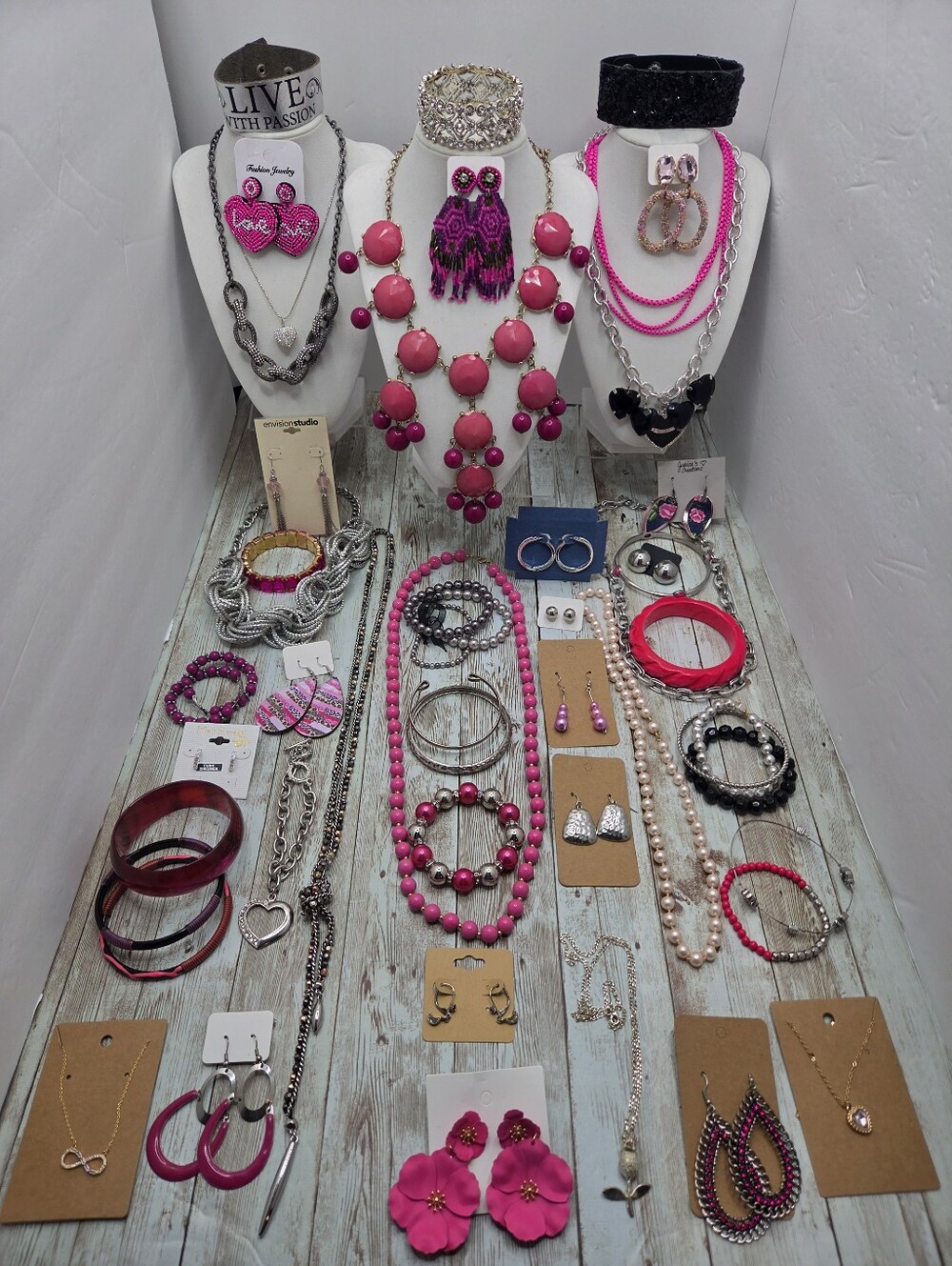 💖 HUGE 50+ Pc Pink & Silver Jewelry Lot! Statement Necklaces, Bracelets, Earrin